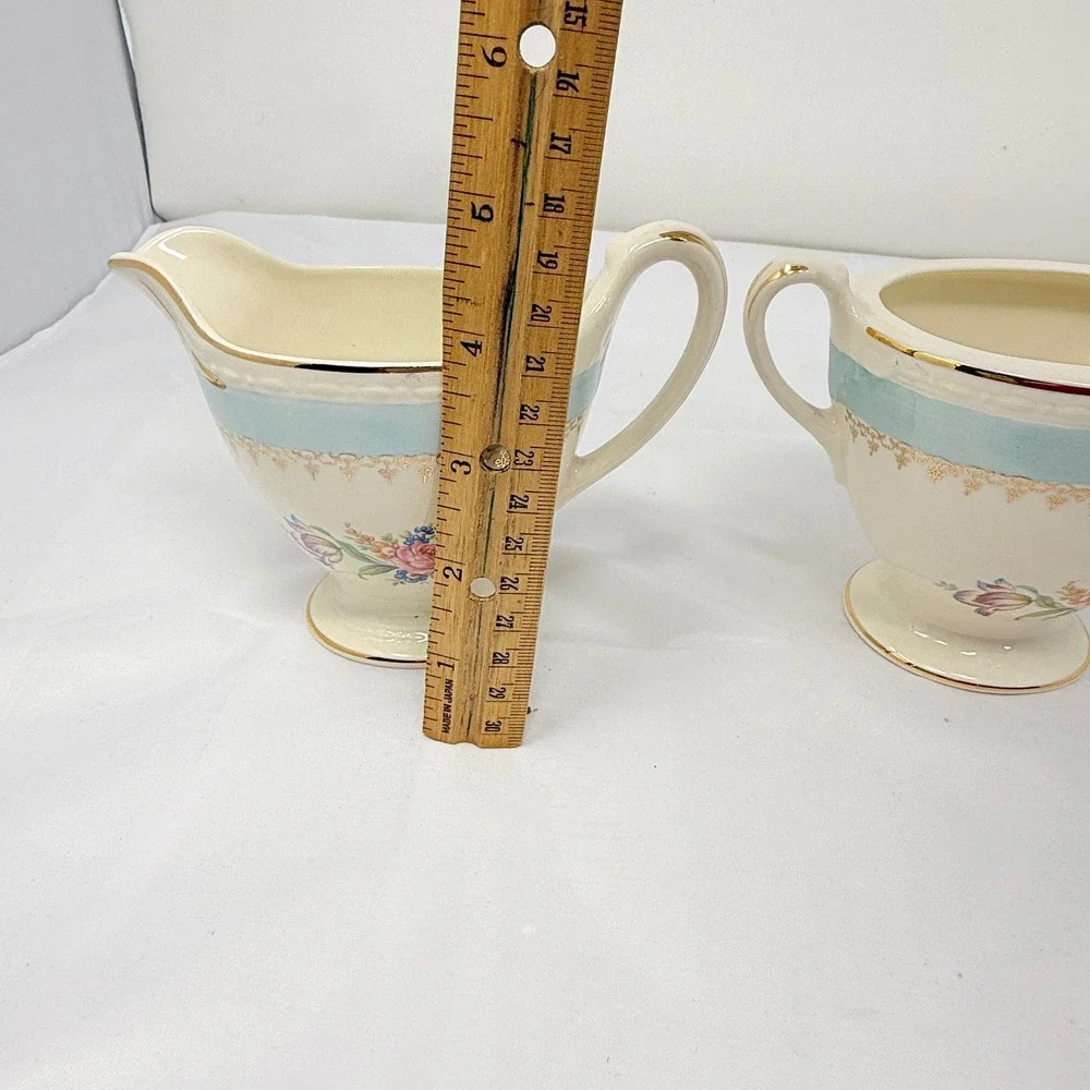 Homer Laughlin Eggshell Georgian Cream and Sugar Set Blue Gold Floral *no lid*